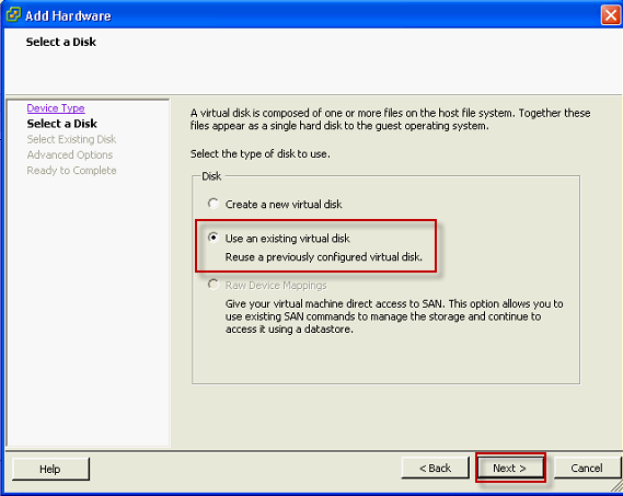 V sprievodcovi pridaním nového HDD zvolíte možnosť Use an existing virtual disk pre primapovanie odzálohovanej VM