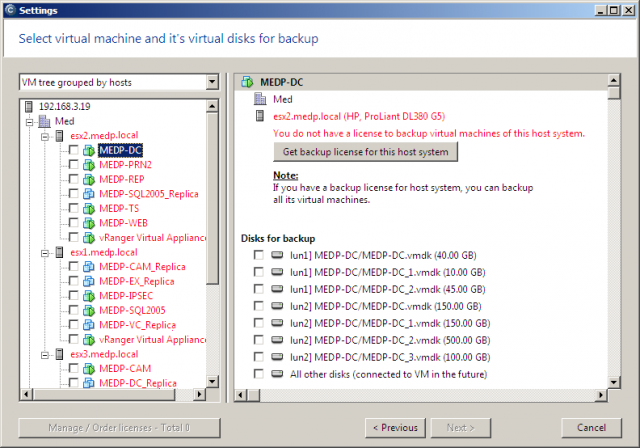 Prehľad virtuálnych zariadení cez sprievodcu nastavením VMware zálohovanie cez C-Monitor klienta