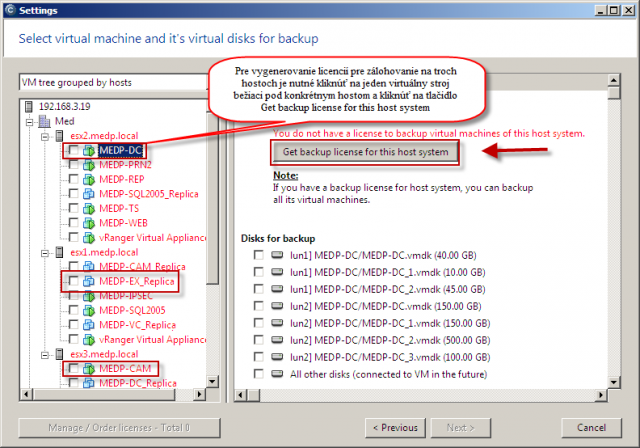 Vygenerovanie licencie pre VMware zálohovanie pre viacerých hostov