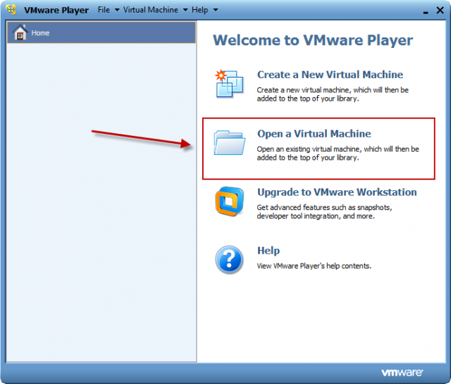 Po spustení VMware playera kliknete na tlačidlo Open a Virtual Machine