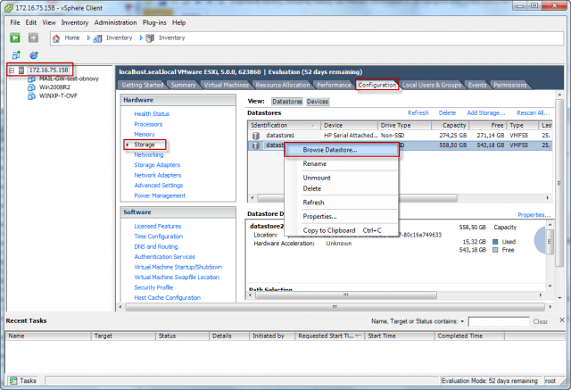 V časti Configuration -> Storage -> kliknete pravým tlačidlom myši na konkrétny datastore, kde chcete vytvoriť nový virtuálny stroj a kliknete na možnosť Browse Datastore.