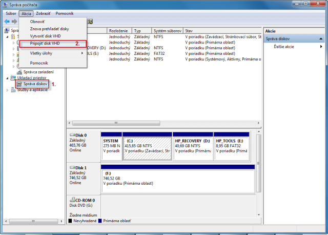 Vstup do správy diskov a následne pripojenie VHD disku