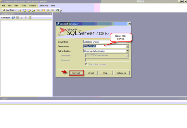 Prihlásenie na SQL server zadaním názvu servera v prípade lokálneho pripojenia pod Správcovským kontom môžete nastaviť spôsob autentifikácie cez windows authentification 