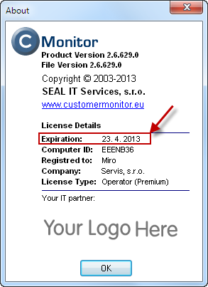 Skontrolovanie dátumu expirácie licencie na C-Monitor klientoch priamo na počítači (About v C-Monitore alebo v ktoromkoľvek module)