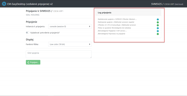 Log pripojenia počas pripájania sa k vzdialenému počítaču