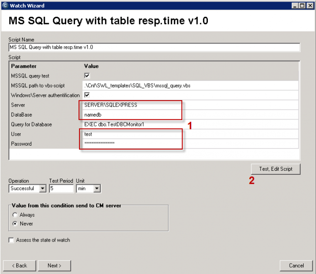 Zadajte SQL server (voľba názvu je popísaná v prípade vyššie), názov databázy, prístupové údaje