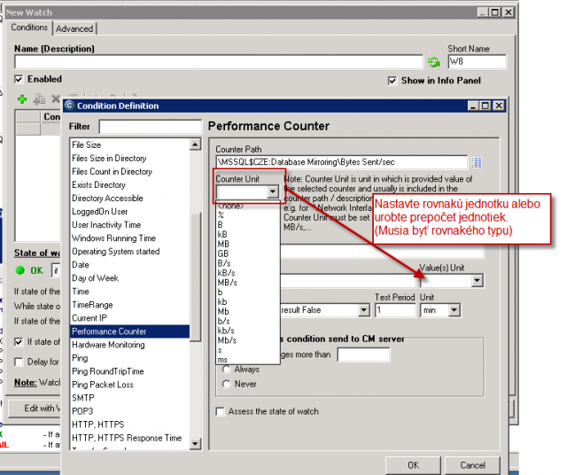Voľba jednotky performance countra a jednotky na zobrazenie v CM (s automatickým prepočtom jednotiek)