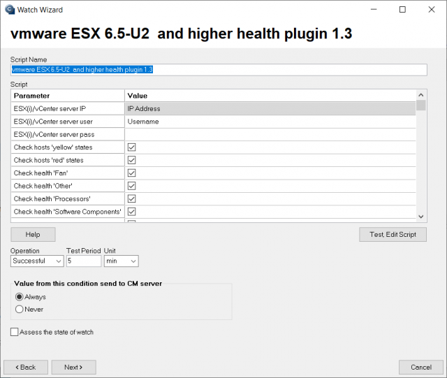 Vstupné údaje k nastaveniu watchu z VMware ESX 6.5-U2 and higher health plugin