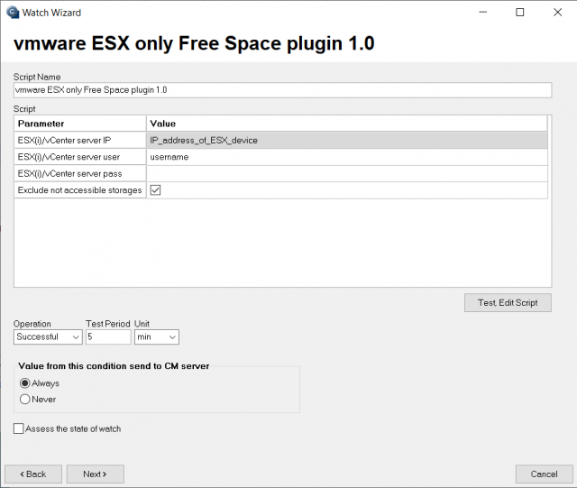 Vstupné údaje k nastaveniu watchu z VMware ESX only Free Space