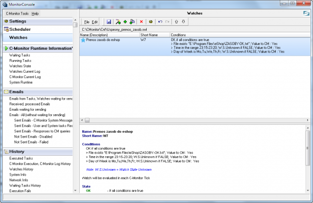 Nastavený Watch v C-MonitorConsole pre kontrolu