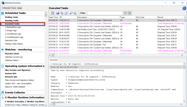 Zobrazenie zoznamu vykonaných úloh cez C-Monitor klienta