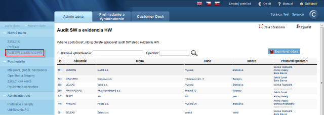 Zoznam zákazníkov v Audit SW a evidencia HW