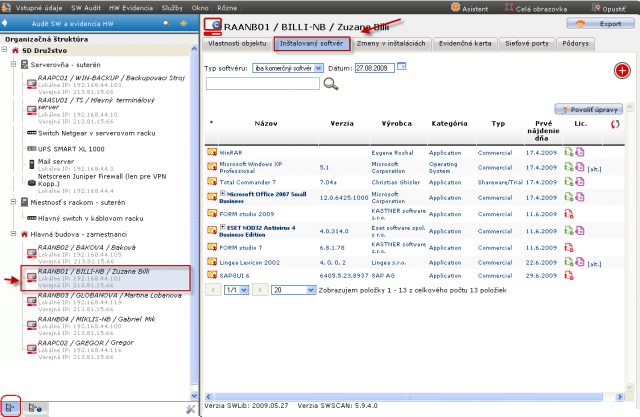 Zoznam nainštalovaného softvéru pre konkrétne zariadenie v časti Admin.zóna -> SW audit (a HW evidencia)