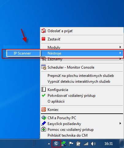 Ručne spustený IPScannera v Tray menu C-Monitora