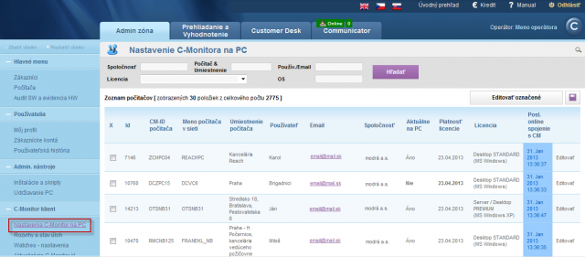 Nastavenie C-Monitor klienta na PC - zobrazenie zoznamu PC s nainštalovaným C-Monitor klientom