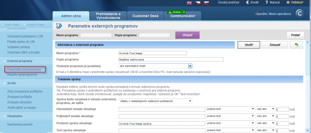 Detail nastavenia parametrov pre vyhodnocovanie konkrétneho externého programu