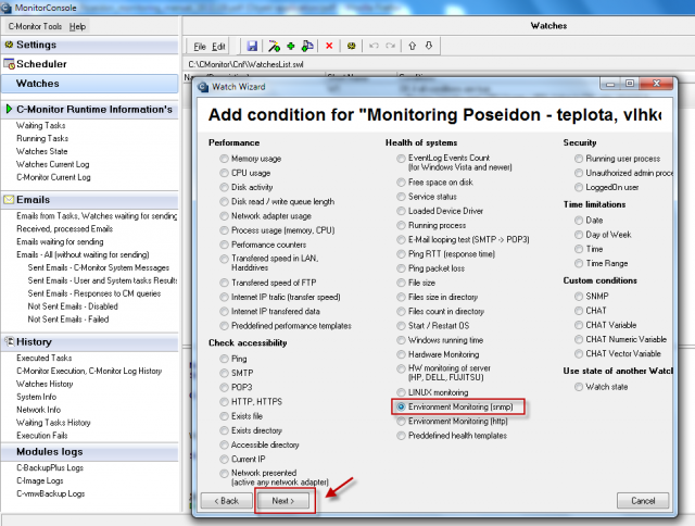 Podmienka watchu Enviroment Monitoring (snmp).