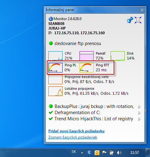 Info panel so zobrazením aktuálneho stavu ping PL, RTT 