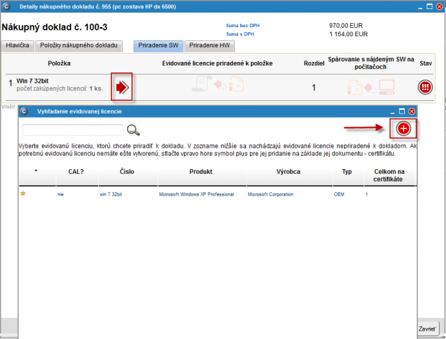 Vytvorenie certifikátu z nákupného dokladu zrealizujete v záložke priradenie SW kliknutím na červenú šípku a následne v novootvorenom okne s názvom vyhľadanie evidovanej licencie kliknete na tlačidlo + ako je vyznačené na obrázku