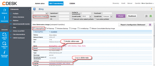 Informácie o C-Backup zálohovaní v časti Prehliadanie a Vyhodnotenie -&gt; Zobrazenia -&gt; Zóny -&gt; Zóna zálohovanie a Image