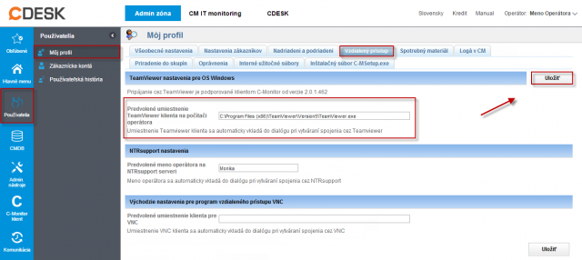 nastavenie cesty k Teamvieweru  v profile operátora, aby sa po nadviazaní spojenia nemuselo prepisovať ručne Session ID a heslo