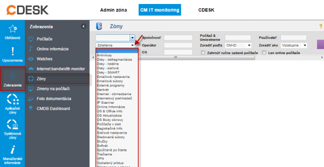 Zozbierané konfig. údaje z PC v časti CM IT monitoring  -&gt; Zobrazenia -&gt; Zóny