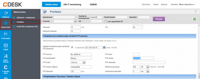 Nastavenie monitoringu Ftp rýchlosti cez CM portál