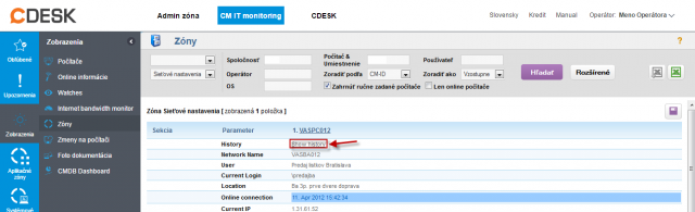 Vstup do historie zmien v sieťovích nastaveniach 