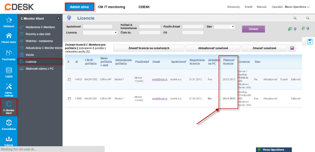 Skontrolovanie dátumu expirácie licencie na C-Monitor klientoch v CM Portáli.