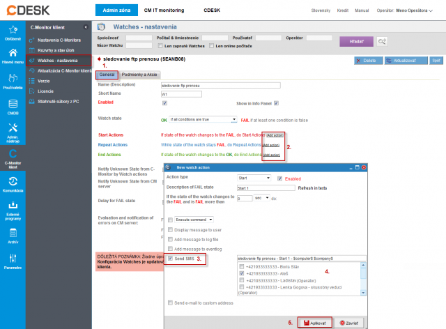 Nastavenie posielania SMS z Watchov cez CM portál