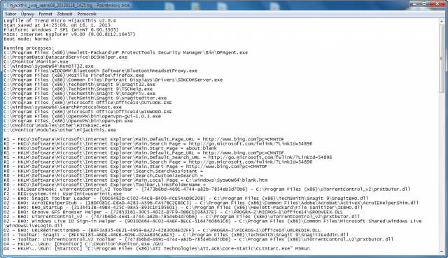 Výstup z utility HijackThis